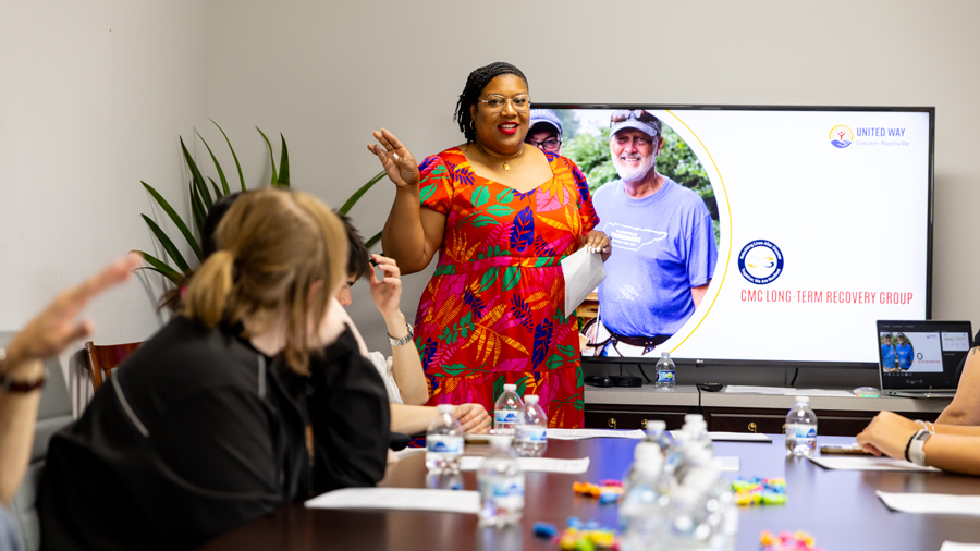 Students listening to an internship presentation