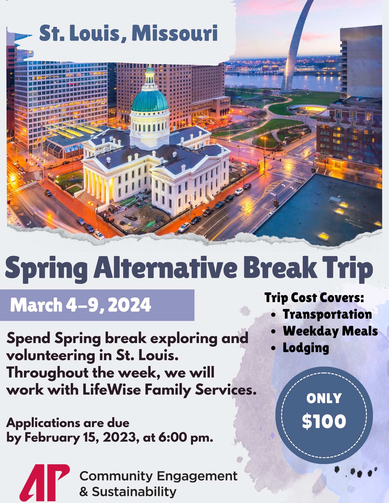 Flyer for alt break trip in spring break 2024 to St. Louis