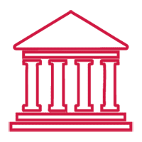 A red icon of a building made of four columns.