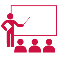 A red icon of a teacher pointing to a board in front of a group of people.