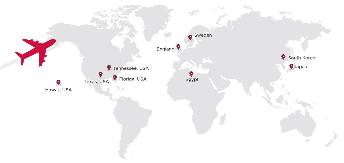 A light gray map of the world with red pin points on the places listed below and a red airplane "flying" in from the left side.