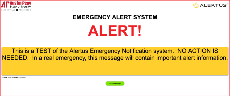 Alertus example of a test message