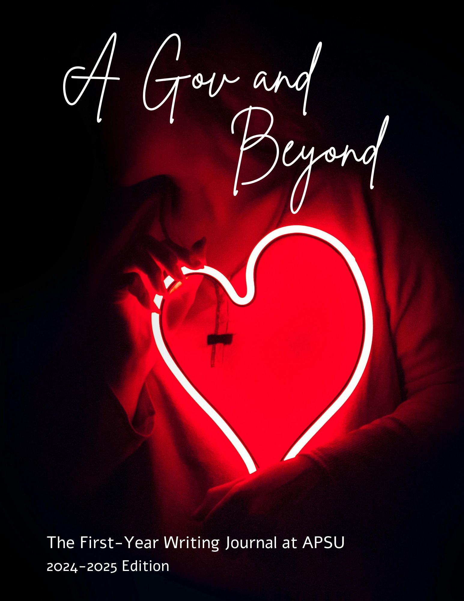 Woman holding a neon heart sign with A Gov and Beyond at the top