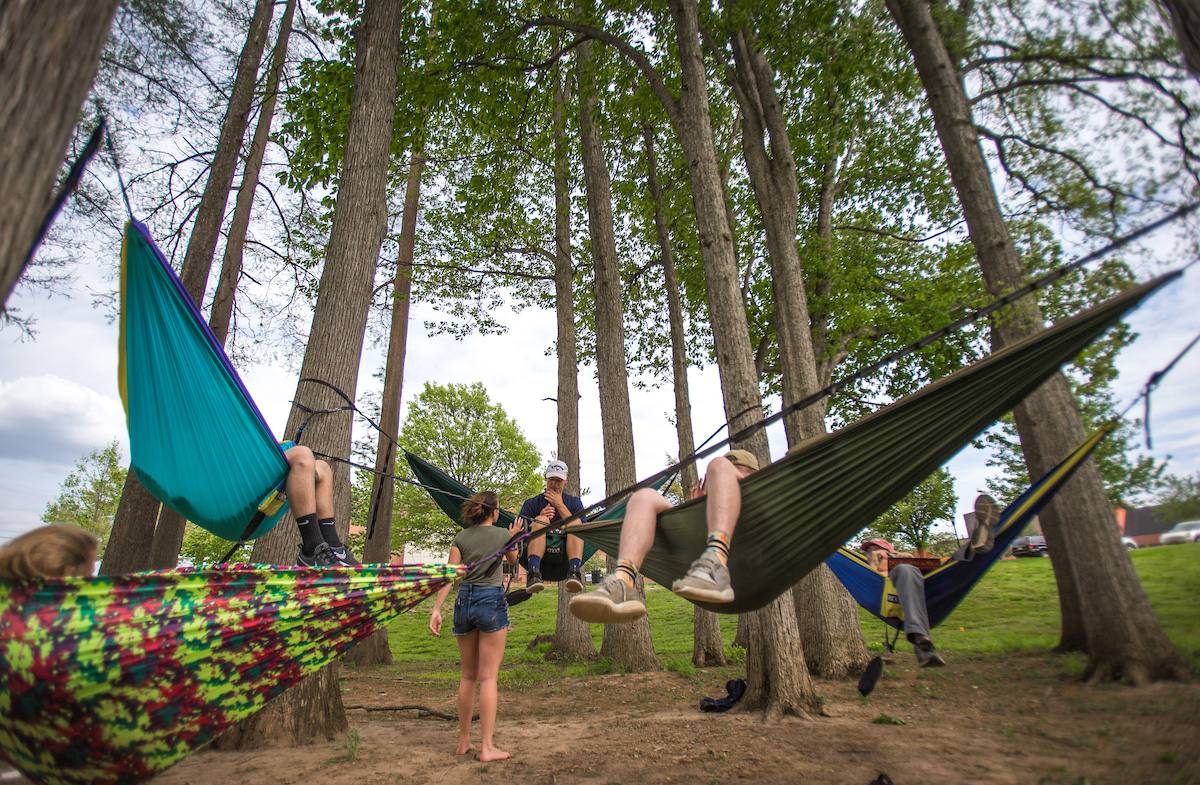Students hanging out in hammocks