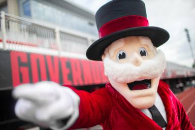 Gov mascot pointing at camera