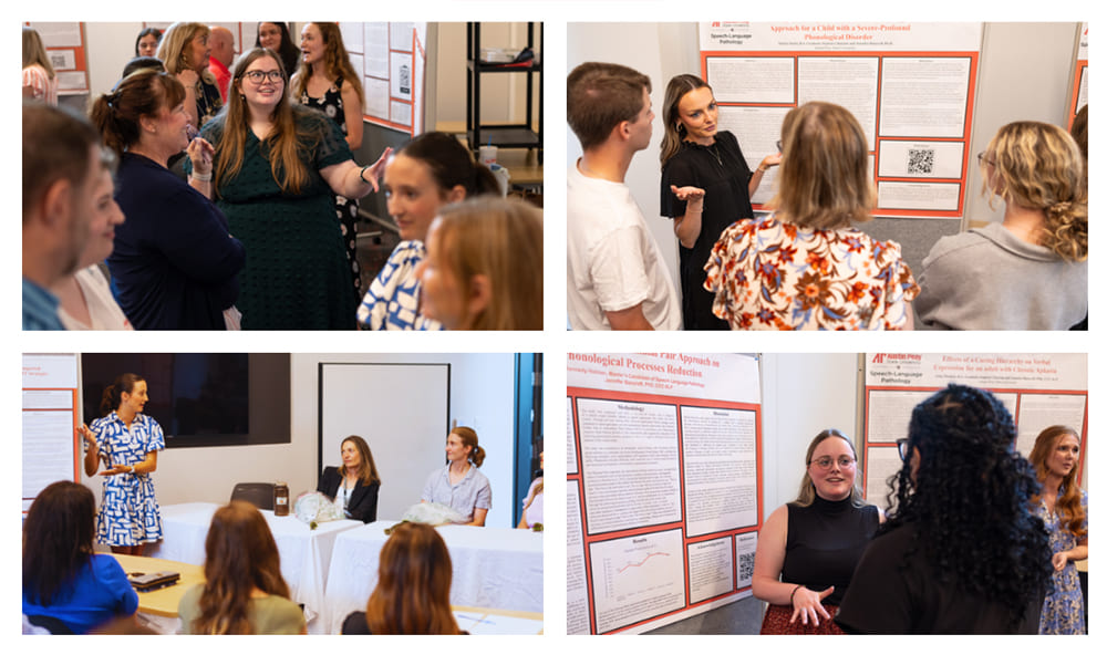 Four photo grid of MSLP students presenting their work during Grand Rounds.