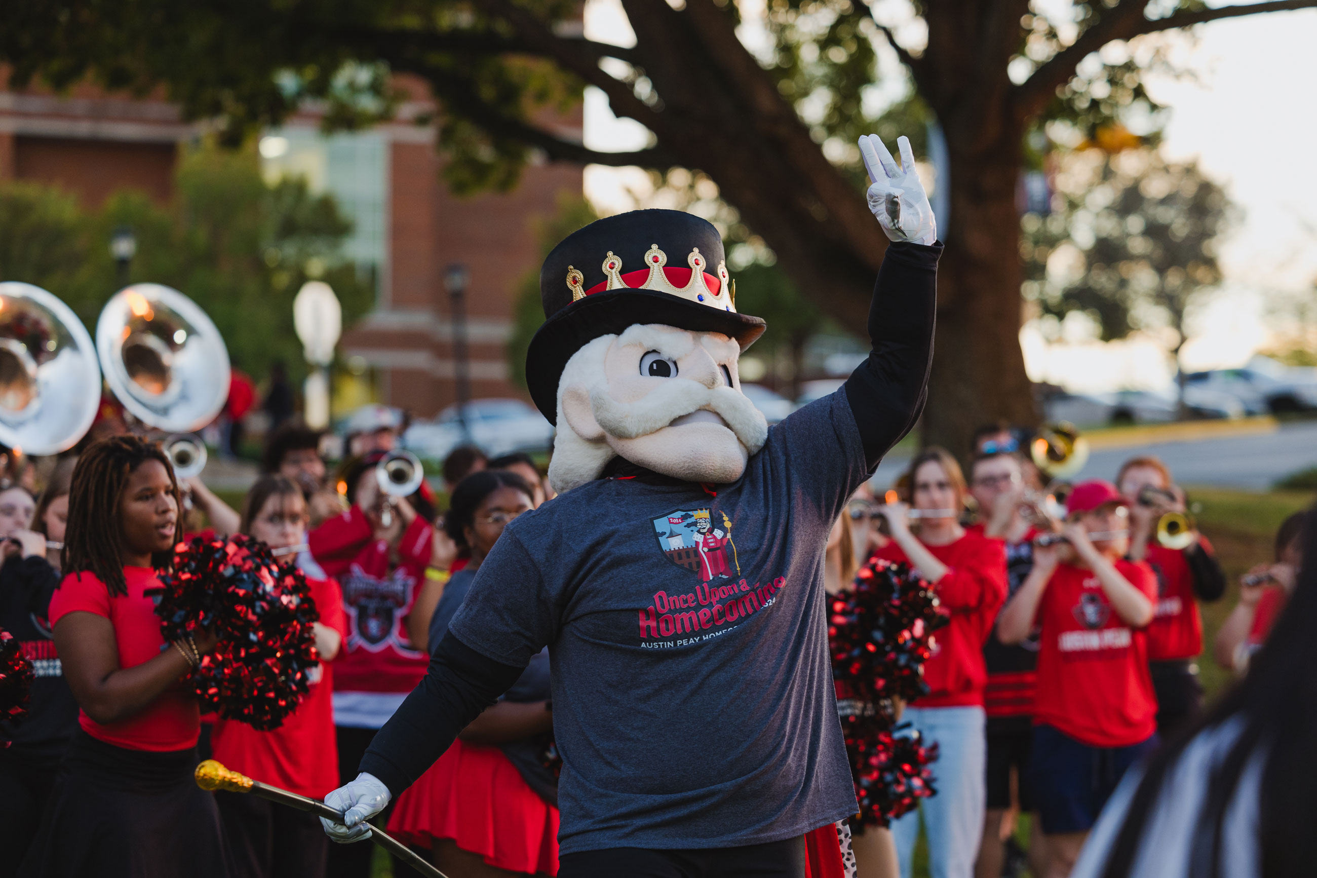 Gov mascot celebrating at the Homecoming Bonfire.