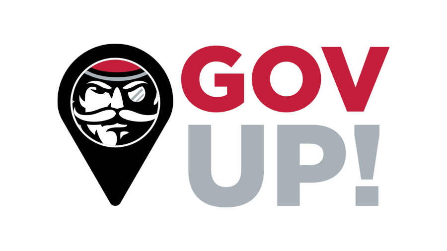 Gov up logo showing the Gov Head graphic inside of a map drop marker.
