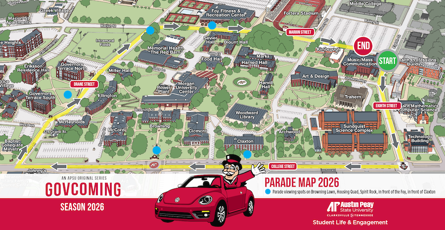 Illustration of the campus map outlining the parade route and viewing spots around campus.