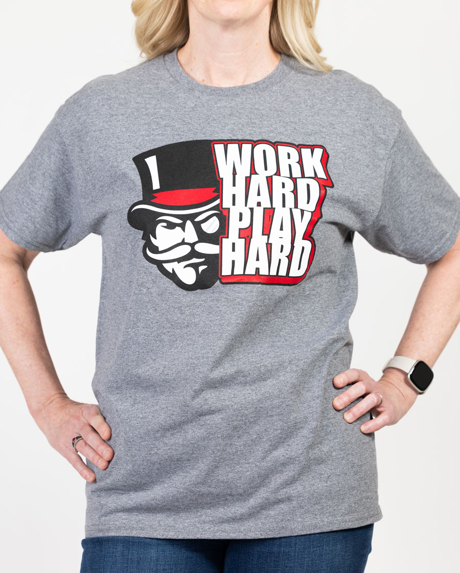 Gray tshirt with the Gov Head logo and text that reads Work Hard Play Hard