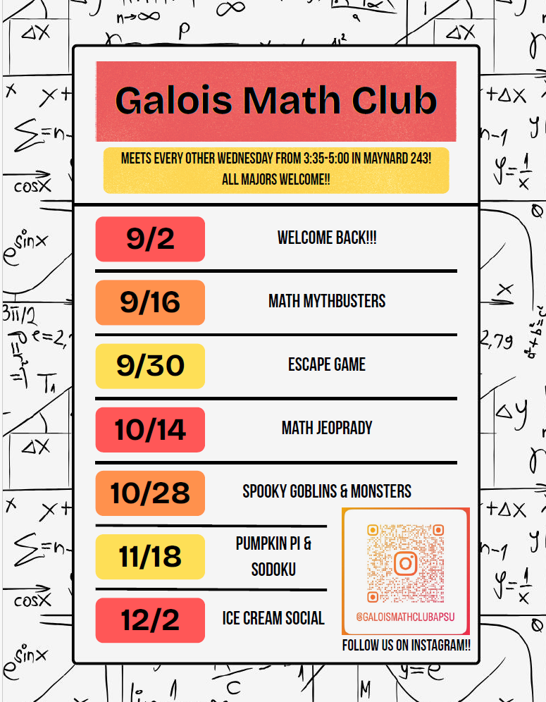 Galois Club Poster with Meeting Dates Every other Wenesday at 3:35 in MMCS 243