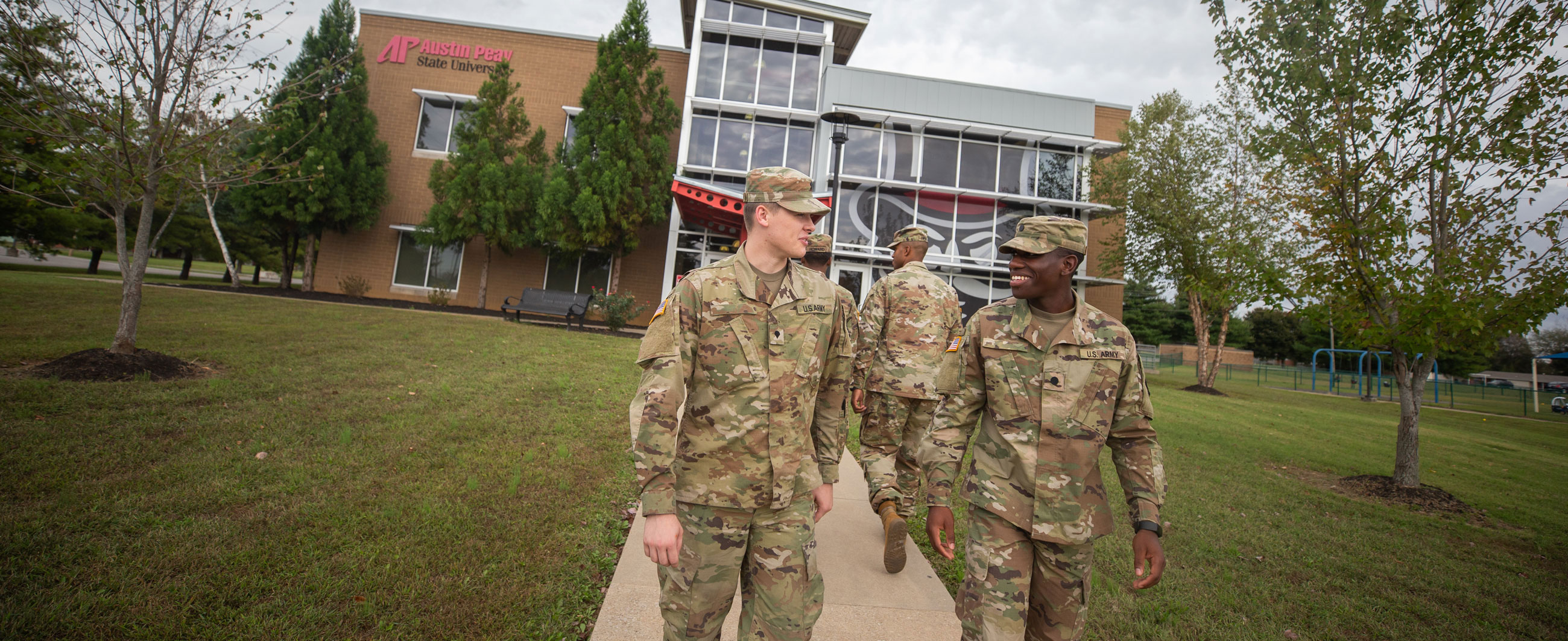 Military students in front of the Fort Campbell Center.