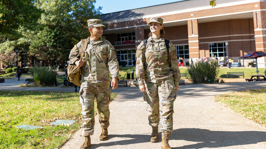 Military Students walking on campus