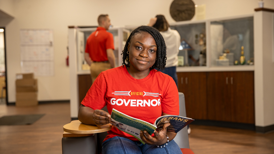 Student sitting in the Newton Center