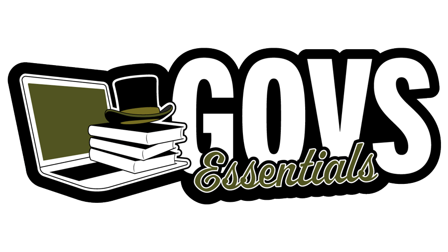 Govs Essential Logo depicting an open laptop with a stack of books and a top hat.