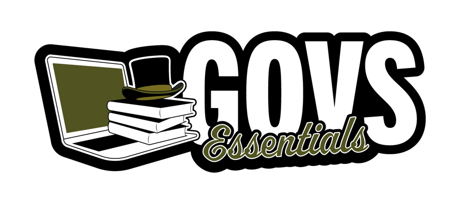 Govs Essentials logo depicting an open laptop with a stack of books and a tophat sitting on the keyboard