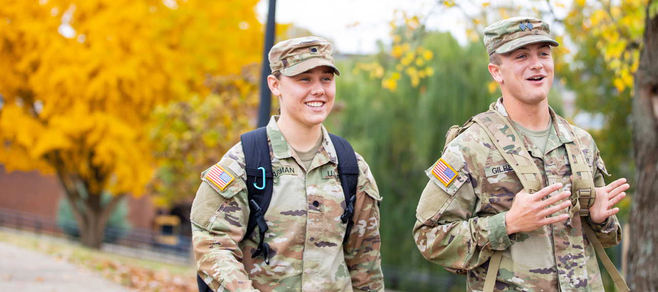 Military students walking on campus