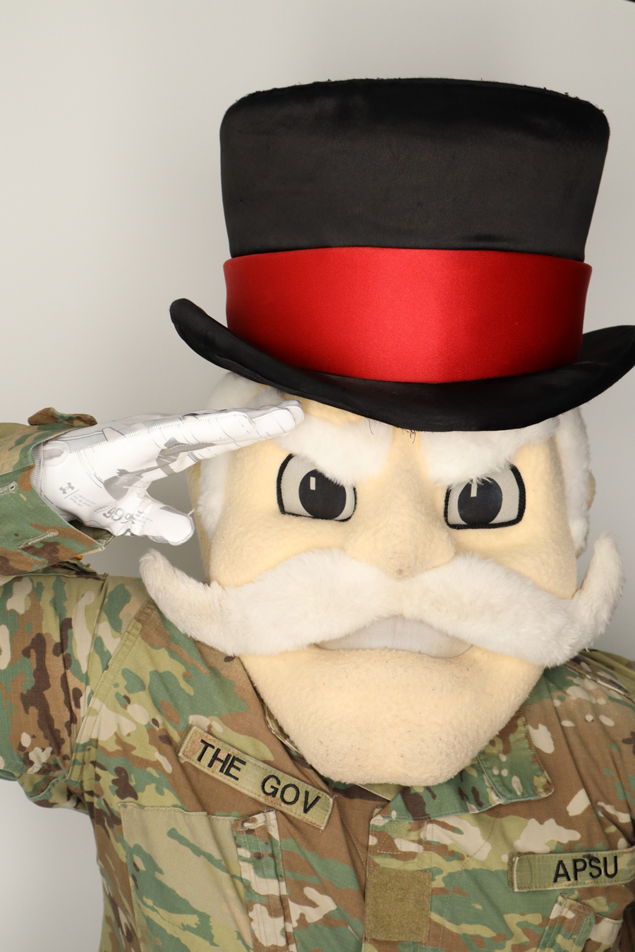 Gov Mascot saluting the camera inside the Iris Booth