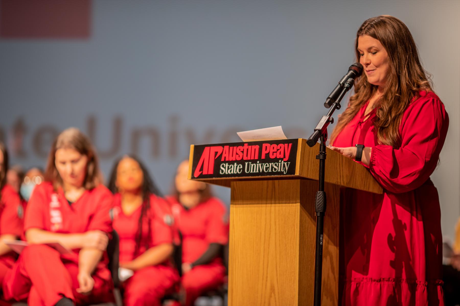 Dr. Terri Clark during a pinning ceremony for APSU's School of Nursing. 