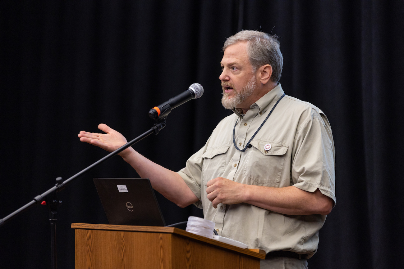 Dr. Donald Sudbrink, chair of APSU’s Department of Agriculture, speaks at the Clarksville Arts and Heritage Council’s Tobacco Talks series on June 27, 2023. 