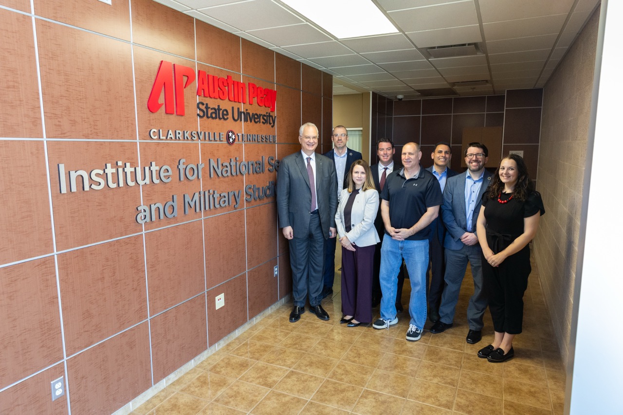 (L-R) H.E. Ambassador Dragan Šutanovac, APSU Fulbright Visiting Scholar Dr. Vladimir Trapara, Minister Counsellor Ms. Ivona Bagarić, Minister Counsellor Mr. Stefan Dragojević, APSU INSMS Director Dr. Rich Mifsud, APSU INSMS Assistant Professor Dr. Rudy B. Baker, APSU INSMS Assistant Professor Dr. Simon Rotzer, APSU INSMS Assistant Professor Dr. Erin Carlin.