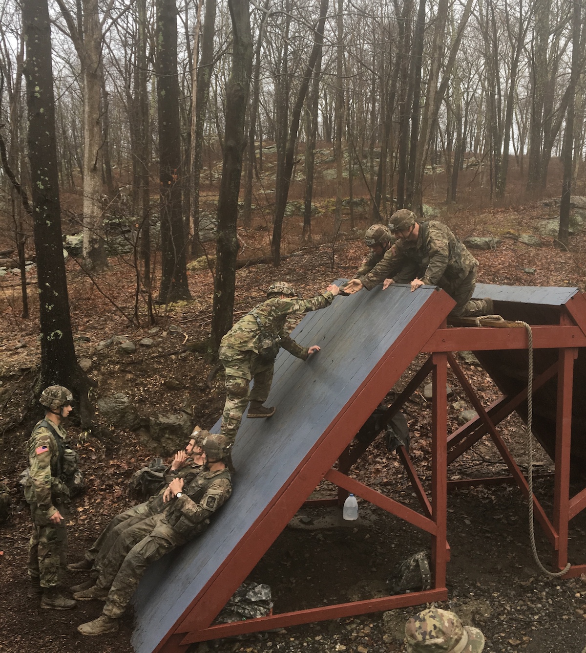The Austin Peay Ranger Challenge team attacks an obstacle during the Sandhurst competition April 13-14 at West Point, New York.