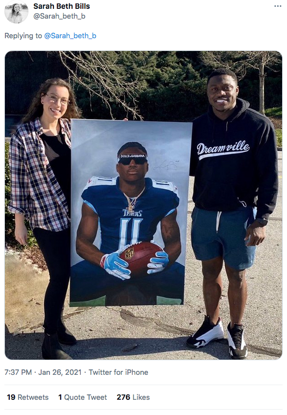 Austin Peay State University alumna Sarah Beth Bills recently made the news after she painted a likeness of Tennessee Titans wide receiver A.J. Brown.  The Nashville artist and middle school art teacher has created her first larger-scale painting, one that features Brown. WKRN News 2 aired a profile of Bills and her painting on Jan. 29.  Bills told WKRN’s Kayla Anderson, “My family and I have always been Titans fans, so my brother is the one that really wanted me to do this painting.”  Bills tagged Brown on a Twitter video, and he commented, “Amazing talent. I’ll sign it for you.” He kept his word, signing the painting on Jan. 26.  To see the full story, click on the WKRN link here. USA Today’s Titans Wire also shared Bills’ story on Jan. 25. You can see that story here.  To see a video of Bills working on the painting, click here.
