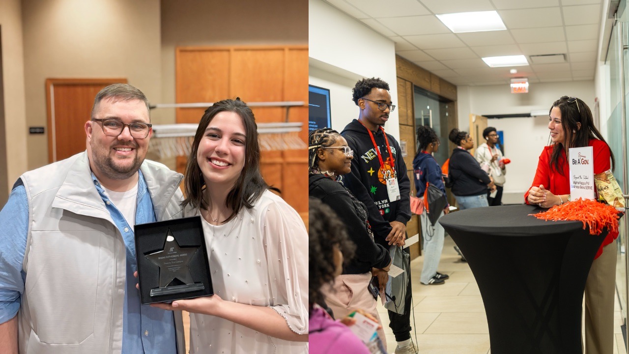 A composite image featuring two scenes. On the left, Daniela and a man in a grey vest smile as they hold a star-shaped "Rising Sophomore Award." On the right, Daniela is seen at a "Be A Gov" recruitment table in a hallway, smiling while talking to a group of students.