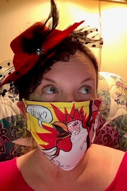 Dyer models one of the masks she made herself, inspired by pop artist Roy Lichtenstein.