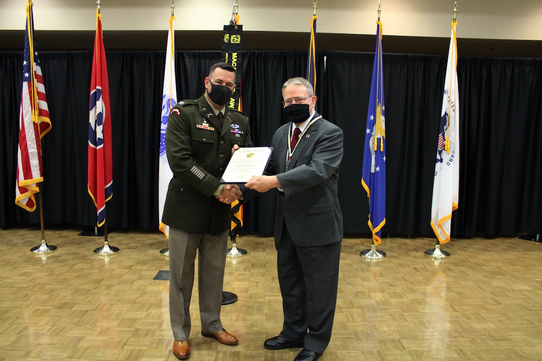 COL Brent Clemmer, U.S. Army, Commander – 7th ROTC Brigade, presenting the ROTC Hall of Fame certificate to LTC Greg Lane, U.S. Army Reserve (Retired), APSU Army ROTC Cadet Success Coordinator. 