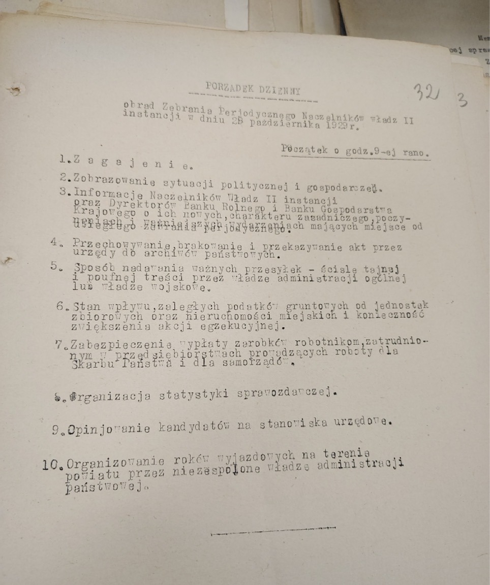 A typed Polish-language agenda from a 1929 meeting of regional government officials, photographed during Herrud's archival research in Eastern Europe.