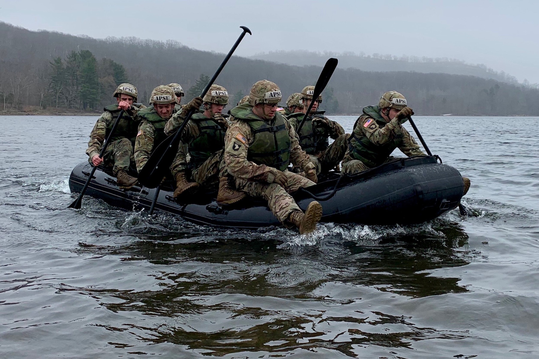 The Austin Peay ROTC Ranger Challenge team practices on a Zodiac boat at West Point, New York, ahead of the Sandhurst competition, which starts April 12.
