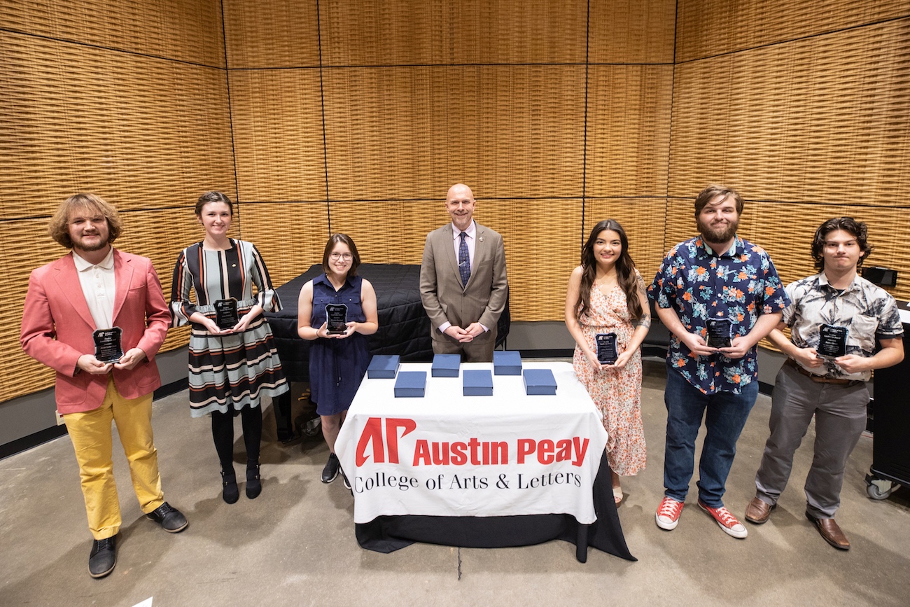 From left: Alexander Copenhaver-Pounds, Department of History & Philosophy, Ciara Simmons, Department of Music, Rheanne Bouchard, Department of Art+ Design, Dean Dr. William “Buzz” Hoon, Ashley Mathieson, Department of Languages & Literature, Justin “JJ” Gibson, Department of Theatre & Dance, and Bailey Gower, Department of Communication. 