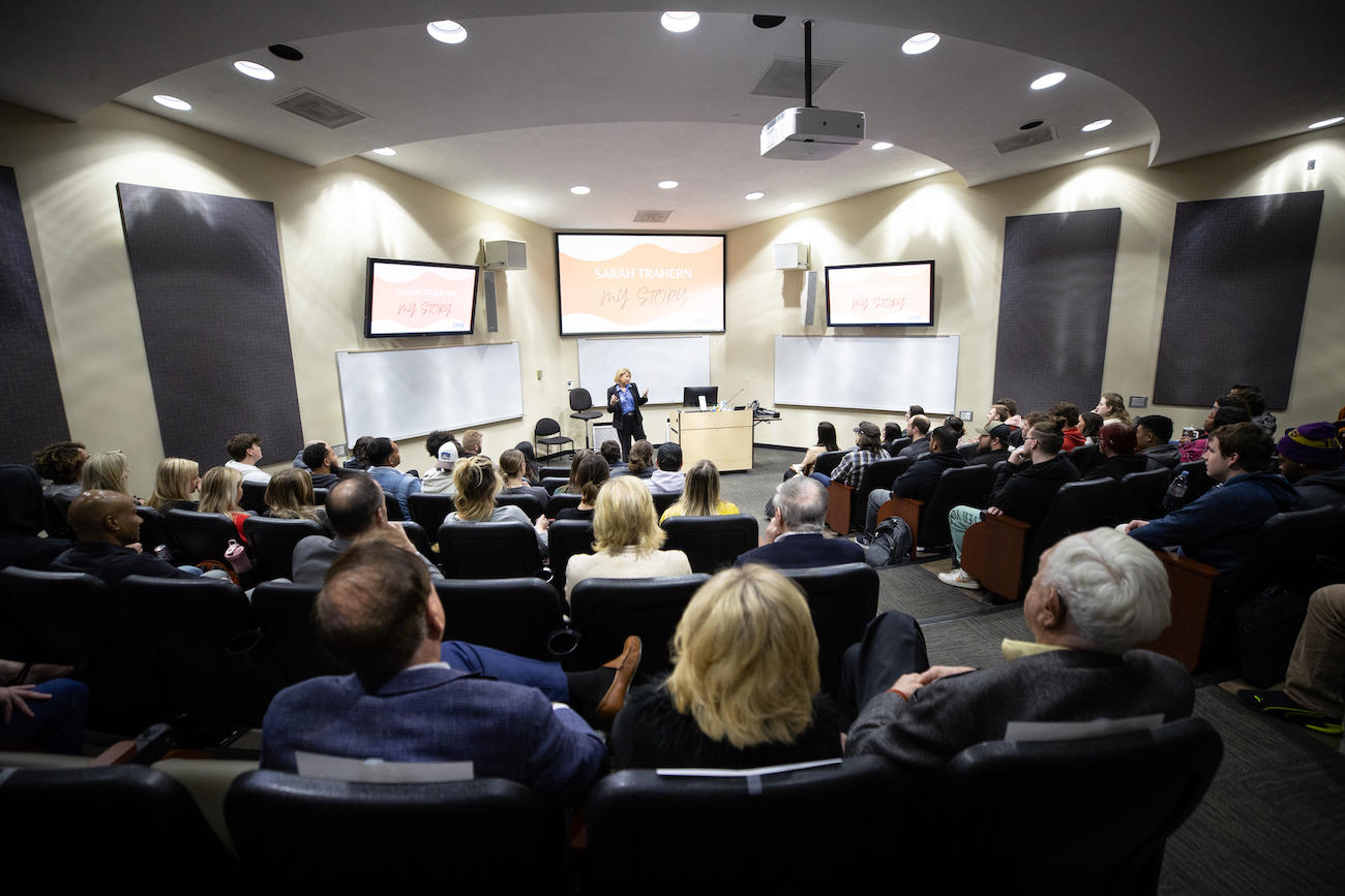 Sarah Trahern, the CEO of the Country Music Association, speaks to students at Austin Peay State University. 