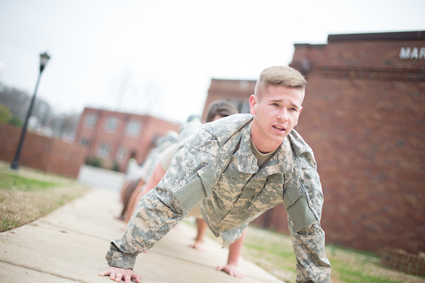 APSU ROTC cadets do pushups as part of a human chain.