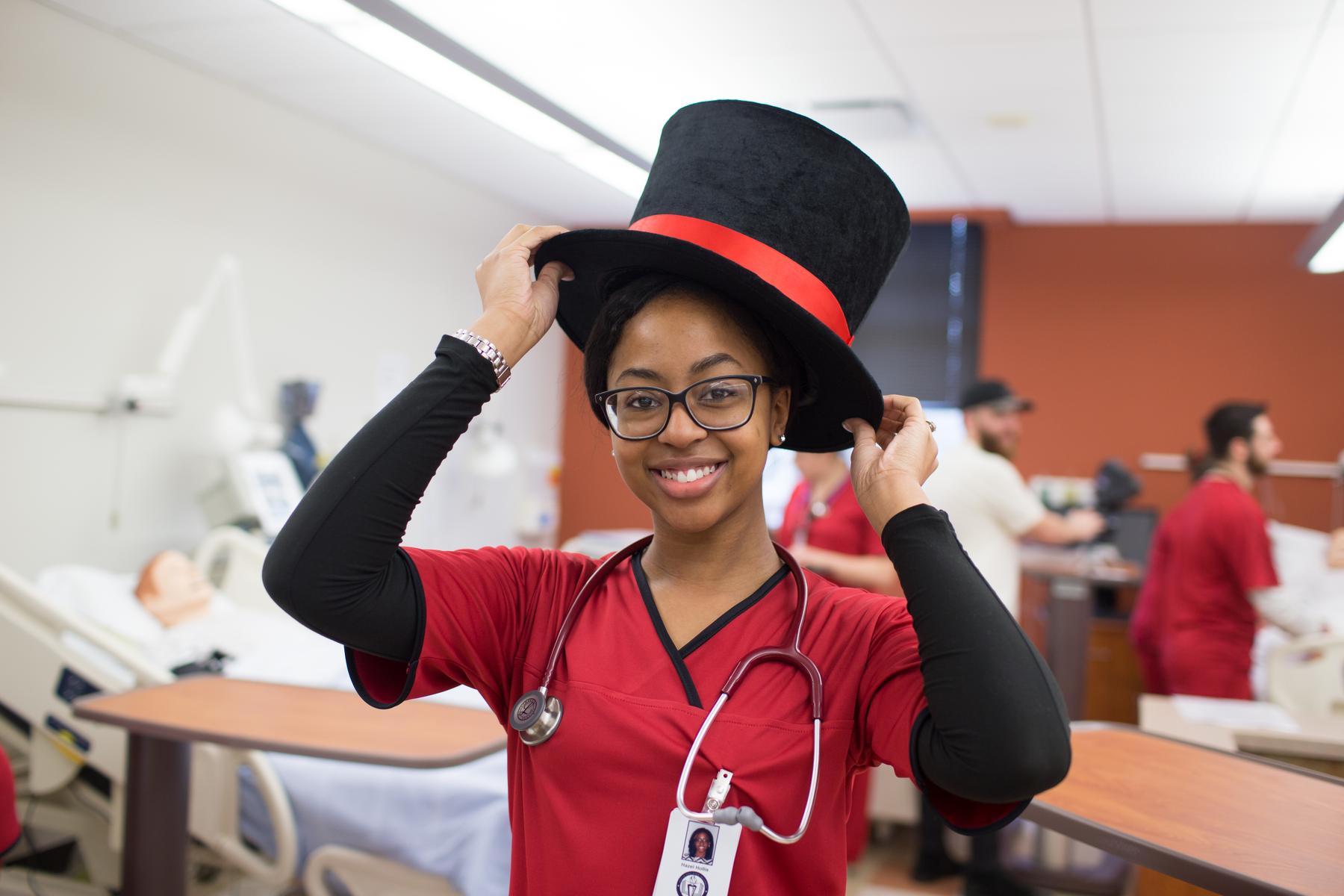 An APSU nursing student in the nursing lab during the Spring 2018 semester. 