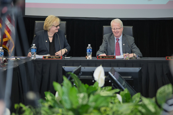 APSU President Alisa White talks with Board Chair Mike O'Malley.