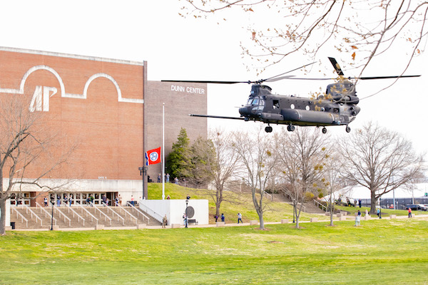 Chinook helicopter landing in front of APSU's Dunn Center.