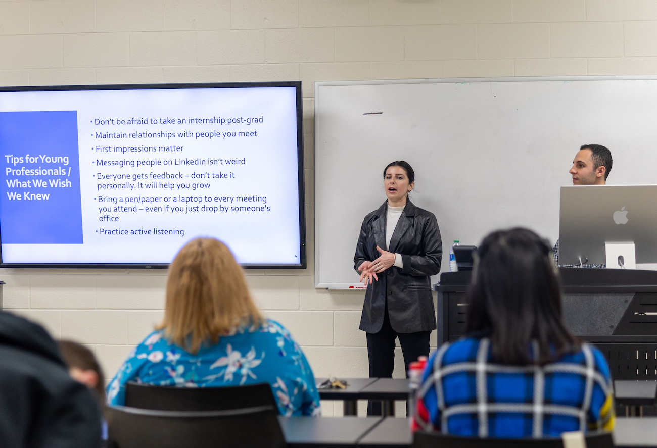 Communication professionals Olivia Parven and Ian Weiner share tips with APSU students during a campus visit.