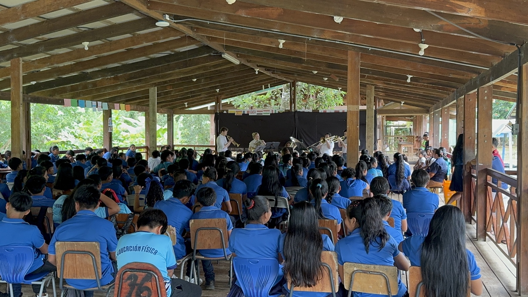 APSU’s Aurum Sonor Brass Quintet performs for over 120 grade school children in the Indigenous Peoples Zone. | Contributed photo