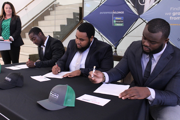 APSU alumni Dontavious Fort, Airamis Hargrove and Lloyd Tubman sign commitment letters to work for Enterprise 