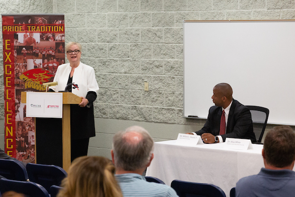 APSU President Alisa White talks while Millard House, director of CMCSS, listens.