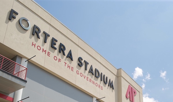 The exterior of Fortera Stadium, showing the stadium's name.