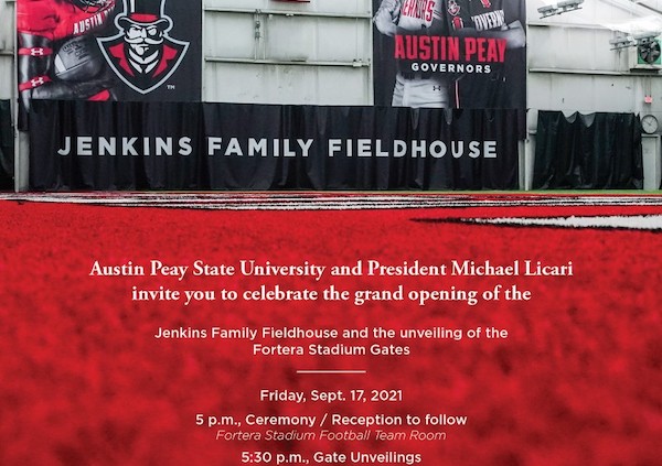 Invitation to the event, with a picture of the inside turf in the fieldhouse.