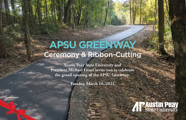 The Greenway at APSU -- a paved path going through trees.