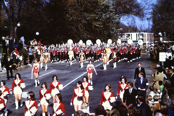 A parade during the 1970 APSU homecoming moves down College Street.