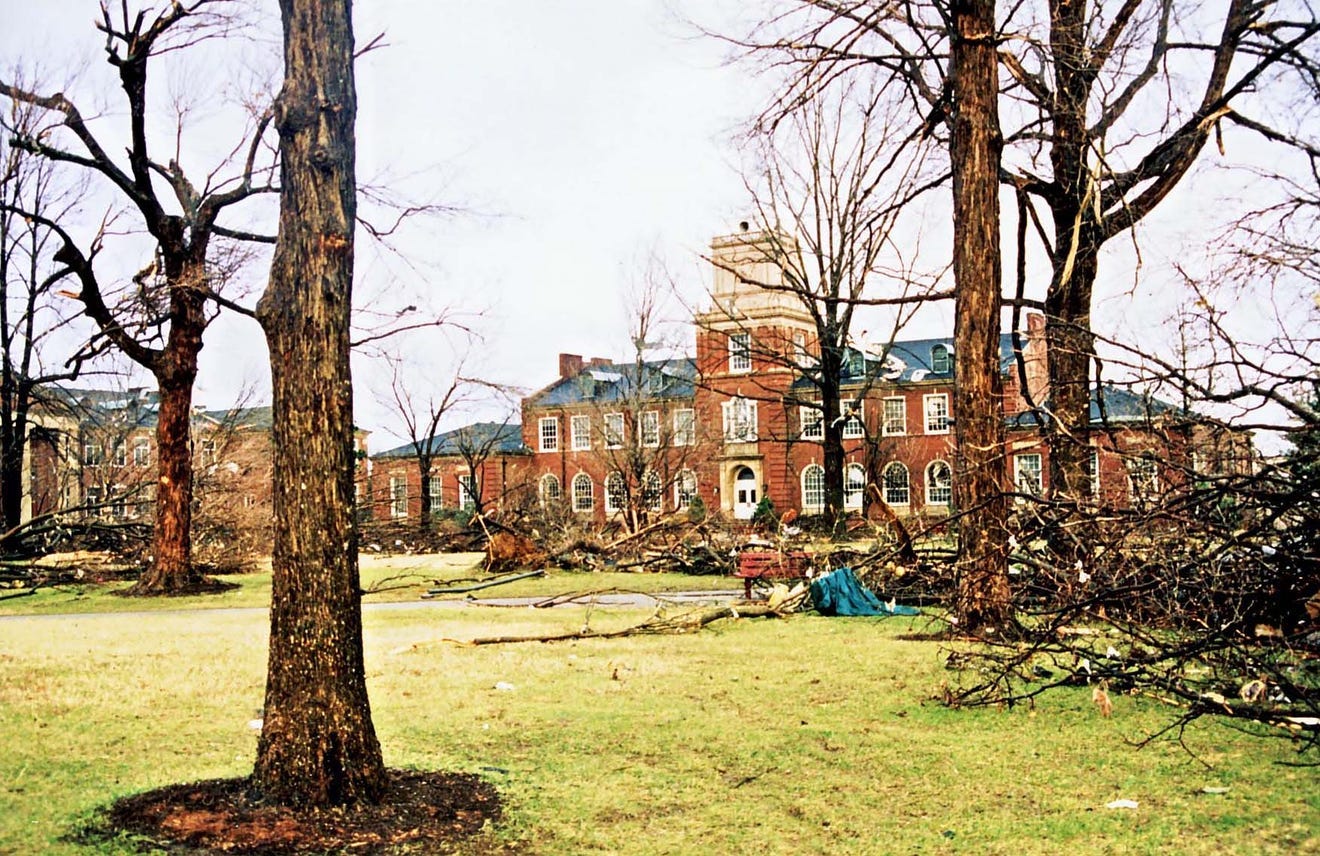 Austin Peay State University's campus after a devastating 1999 tornado.