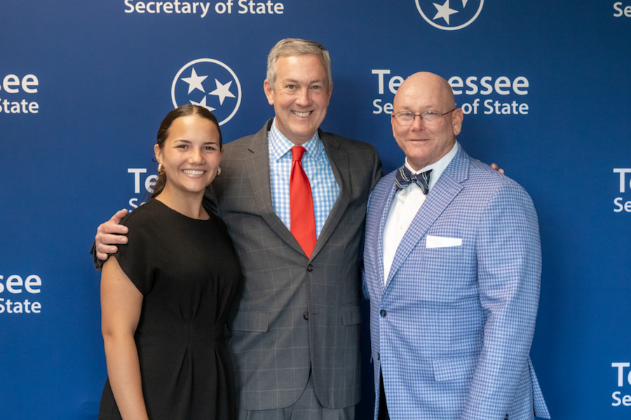 SGA President Campbell Moore, Tennessee Secretary of State Tre Hargett and Dean of Students Gregory R. Singleton. 