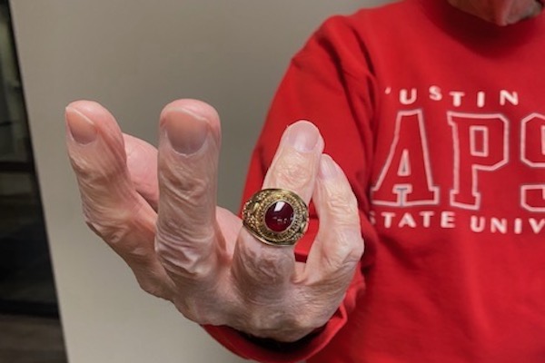 Don Mathis wears his 1966 class ring from Austin Peay State College for the first time since he lost it in the 1970s.