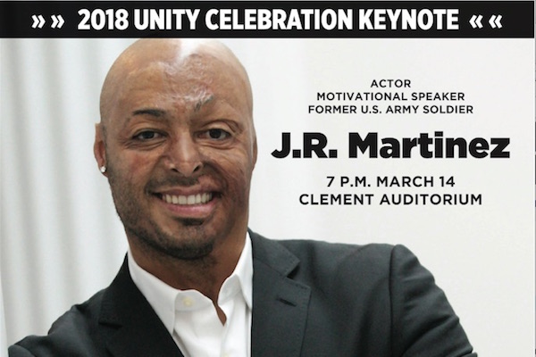 A poster for J.R. Martinez serving as the Unity Celebration's keynote speaker